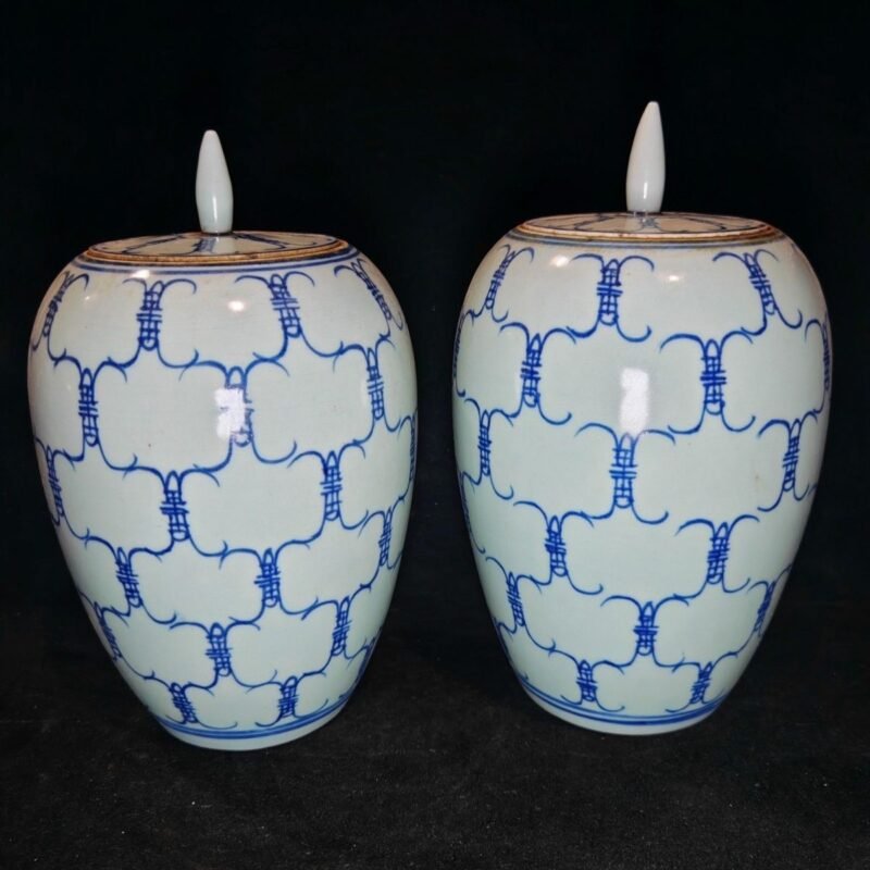 Pair of Vintage Blue and White Shou Longevity Ginger Jars with Lid (5) Pair of Vintage Blue and White Shou Longevity Ginger Jars with Lid (5)