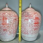 Pair of Vintage Chinese Iron Red Double Happiness Ginger Jars with Lid (3)