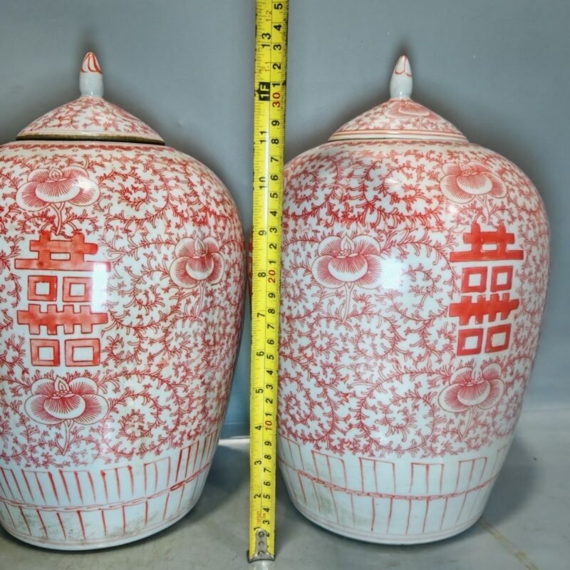 Pair of Vintage Chinese Iron Red Double Happiness Ginger Jars with Lid (3)