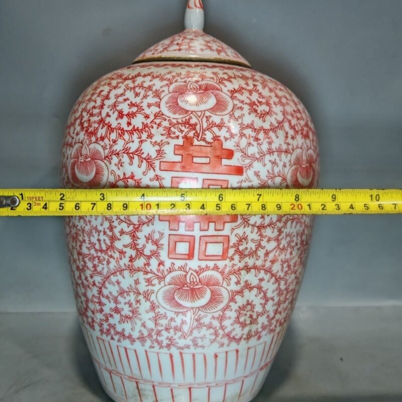 Pair of Vintage Chinese Iron Red Double Happiness Ginger Jars with Lid (8)