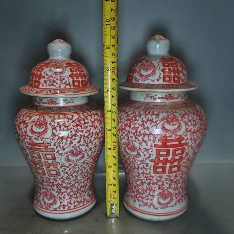 Red & White Double Happiness Porcelain Ginger Jars with Lids Set of 2 (Pair) (4)