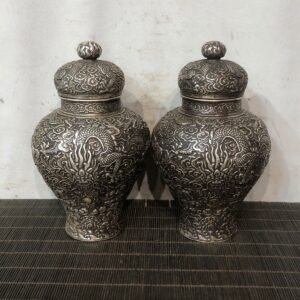 White Copper Silver-Plated Ginger Jars - Pair of High Relief Dragon Vases