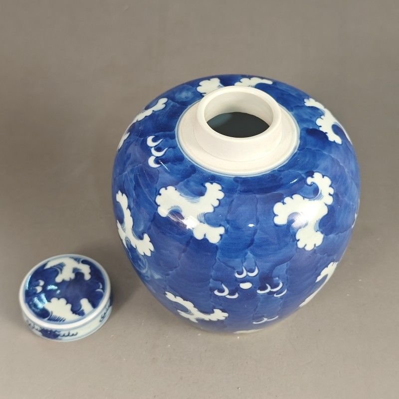 Small Blue and White Porcelain Jar with Lid – Reverse Dragon & Cloud Motif (1)