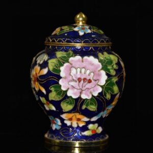 Small Chinese Cloisonné Enamel Ginger Jar - Royal Blue Peony Motif - 164g Purple Copper