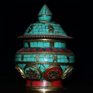 Tibetan Turquoise Inlaid Ginger Jar - Vintage Brass 8 Auspicious Symbols Covered Urn - 497g Handcrafted Boho Decor