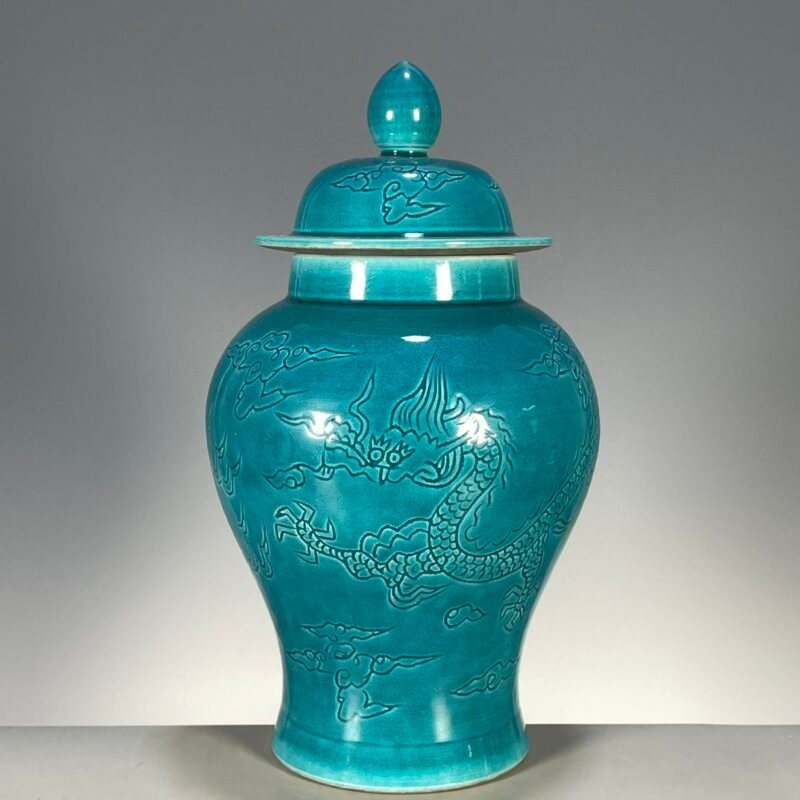Turquoise Dragon Ginger Jar Chinoiserie Porcelain Temple Jar with Lid (1)