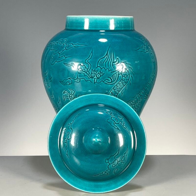 Turquoise Dragon Ginger Jar Chinoiserie Porcelain Temple Jar with Lid (2)