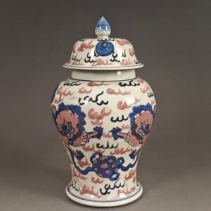 Underglaze Red Ginger Jar with Lid – Foo Dog Lion Playing with Ball Temple Jar (1)