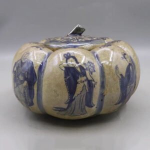 Blue and White Pumpkin-Shaped Ginger Jar – Ancient Chinese Figures, Crackle Glaze Lidded Jar