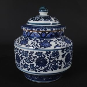 Vintage Blue & White Lotus Motif Ginger Jar - 6.3" Hand-Painted Porcelain Tea Caddy