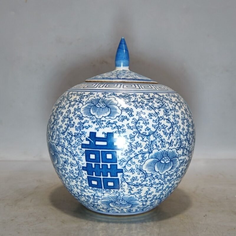 Vintage Blue & White Porcelain Ginger Jars with Double Happiness (Set of 2) (1)