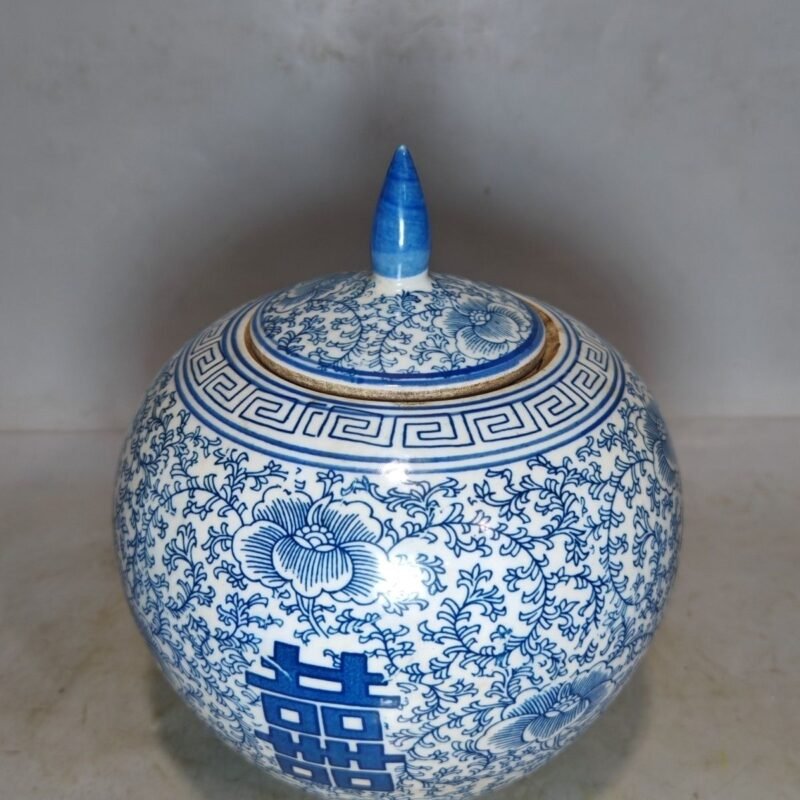 Vintage Blue & White Porcelain Ginger Jars with Double Happiness (Set of 2) (6)