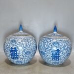 Vintage Blue & White Porcelain Ginger Jars with Double Happiness (Set of 2) (8)