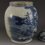 Vintage Blue and White Ginger Jar – Hand Painted Landscape & Figure Temple Jar – Traditional Chinoiserie Decor (1)