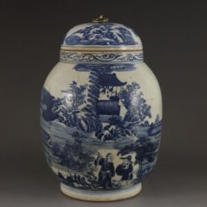 Vintage Blue and White Ginger Jar – Hand Painted Landscape & Figure Temple Jar – Traditional Chinoiserie Decor (2)