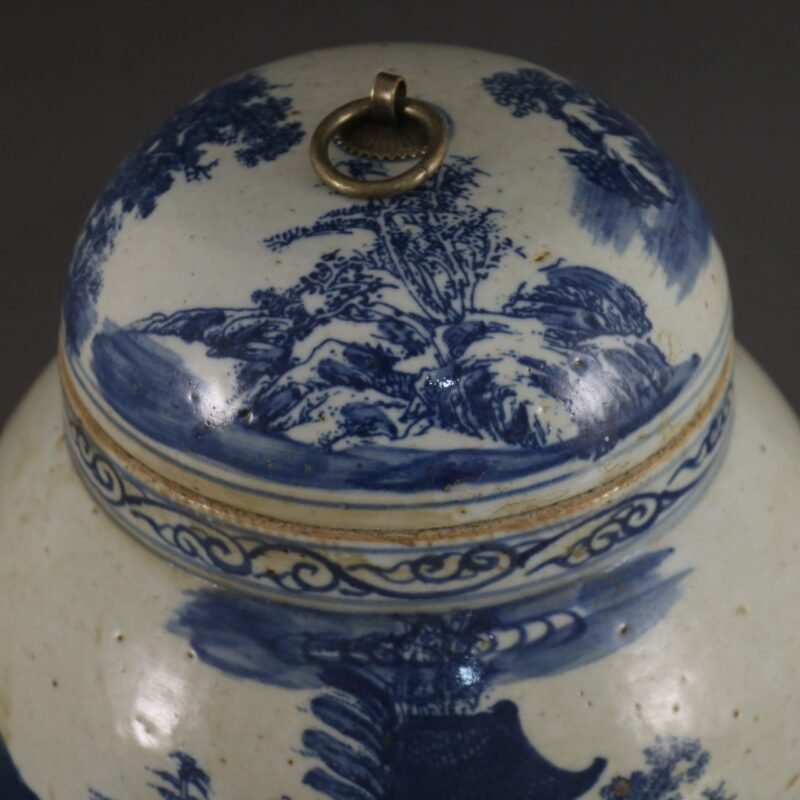 Vintage Blue and White Ginger Jar – Hand Painted Landscape & Figure Temple Jar – Traditional Chinoiserie Decor (5)