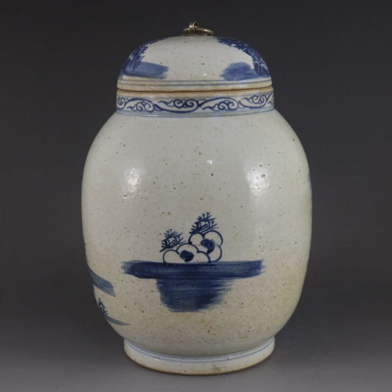Vintage Blue and White Ginger Jar – Hand Painted Landscape & Figure Temple Jar – Traditional Chinoiserie Decor (8)