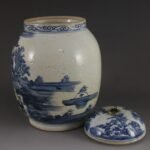 Vintage Blue and White Ginger Jar – Hand Painted Landscape & Figure Temple Jar – Traditional Chinoiserie Decor (9)