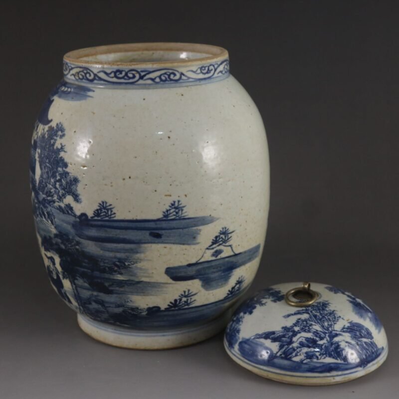 Vintage Blue and White Ginger Jar – Hand Painted Landscape & Figure Temple Jar – Traditional Chinoiserie Decor (9)