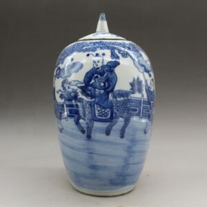 Vintage Blue and White Porcelain Jar with Lid - 7.8" Hand-Painted Chinese Warrior & Qilin Motif