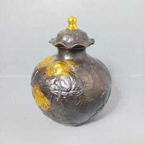 Vintage Bronze Embossed Ginger Jar | Gold Gilt Figural Urn | Antique Home Decor