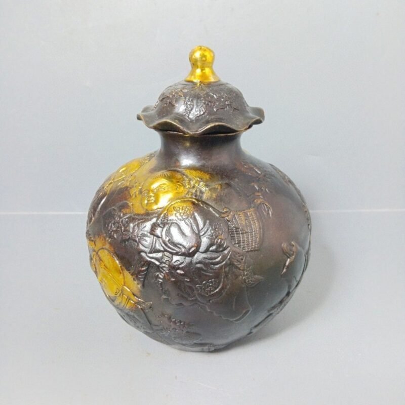 Vintage Bronze Embossed Ginger Jar Gold Gilt Figural Urn Antique Home Decor (6)