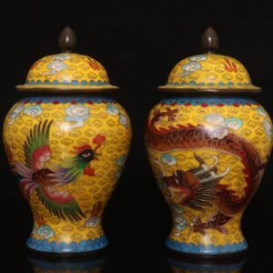 Vintage Chinese Cloisonné Enamel Ginger Jars - Pair of Imperial Yellow Dragon & Phoenix Vases - 2507g Heavy Copper Set