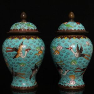 Vintage Cloisonné Enamel Ginger Jars - Pair of Turquoise Ground Crane Vases - 2507g Heavy Copper Set