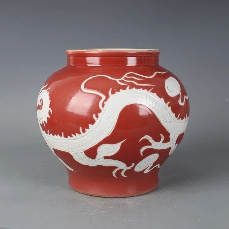 Vintage Red Glazed Dragon Ginger Jar with Lotus Lid (5)