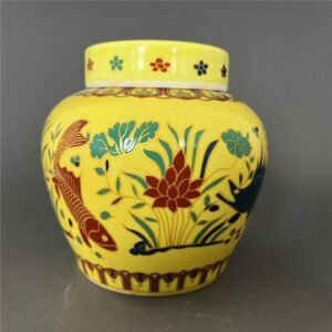 Vintage Yellow Porcelain Ginger Jar with Fish & Lotus Motif | Chinoiserie Home Decor | 3.9" Tall