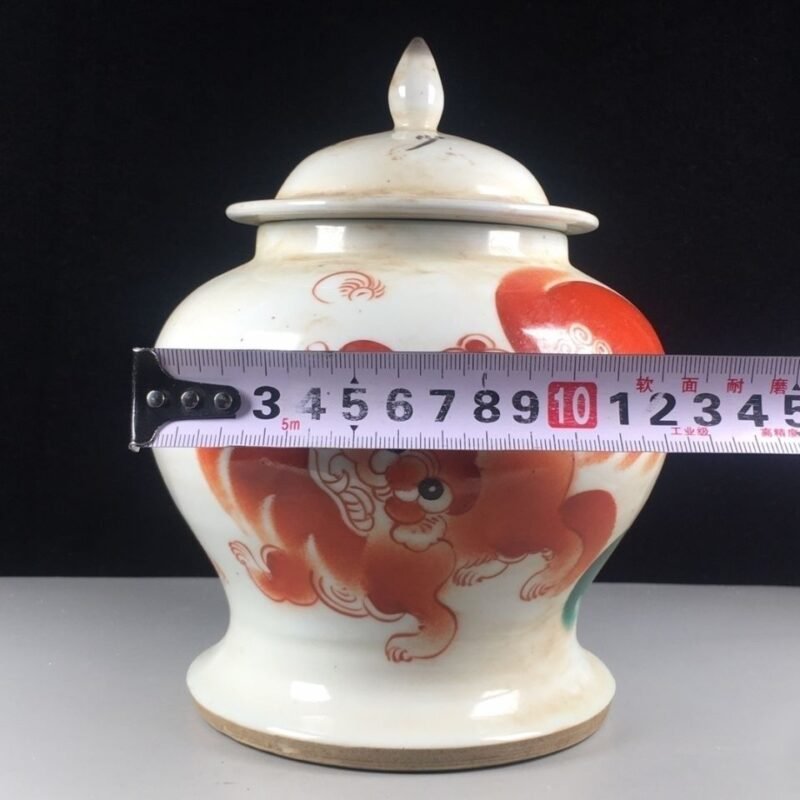 White & Iron Red Foo Dog Chinoiserie Ginger Jar, Lidded Porcelain Canister (1)