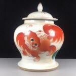 White & Iron Red Foo Dog Chinoiserie Ginger Jar, Lidded Porcelain Canister (2)