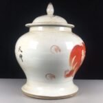 White & Iron Red Foo Dog Chinoiserie Ginger Jar, Lidded Porcelain Canister (3)