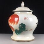 White & Iron Red Foo Dog Chinoiserie Ginger Jar, Lidded Porcelain Canister (5)