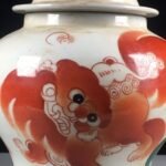 White & Iron Red Foo Dog Chinoiserie Ginger Jar, Lidded Porcelain Canister (6)