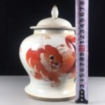 White & Iron Red Foo Dog Chinoiserie Ginger Jar, Lidded Porcelain Canister (9)