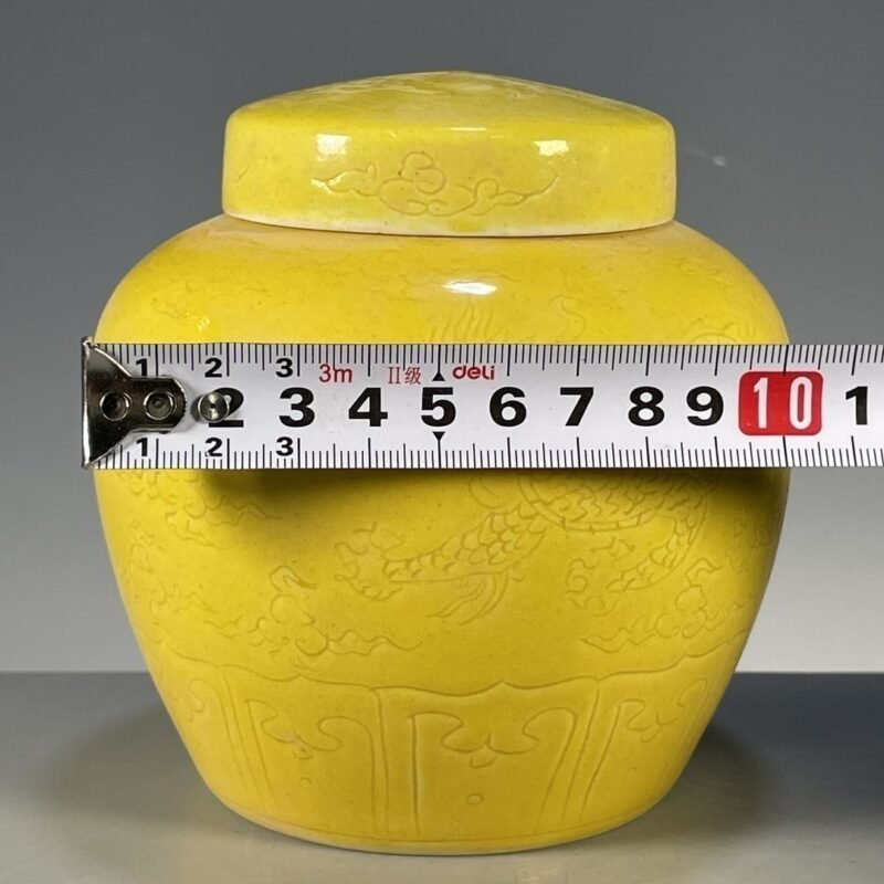 Yellow Porcelain Ginger Jar Carved Dragon Cloud Lidded Canister, Chinoiserie Decor Storage Jar (9)