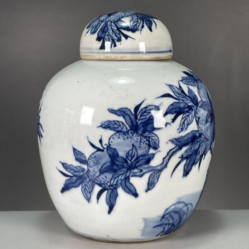 Blue and White Longevity Peach Tree Melon Form Ginger Jar with Lid (6)