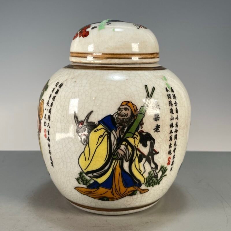 Crackle Glaze Chinese Eight Immortals Ginger Jar, He Xiangu Portrait Porcelain Canister with Lid (8)