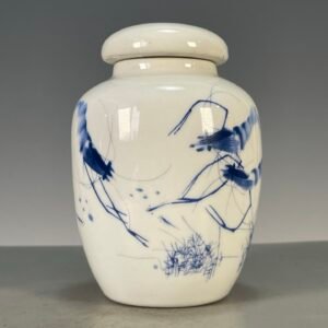 Hand Painted Blue & White Ceramic Ginger Jar with Lid, Small Chinoiserie Vase for Home Decor (2)