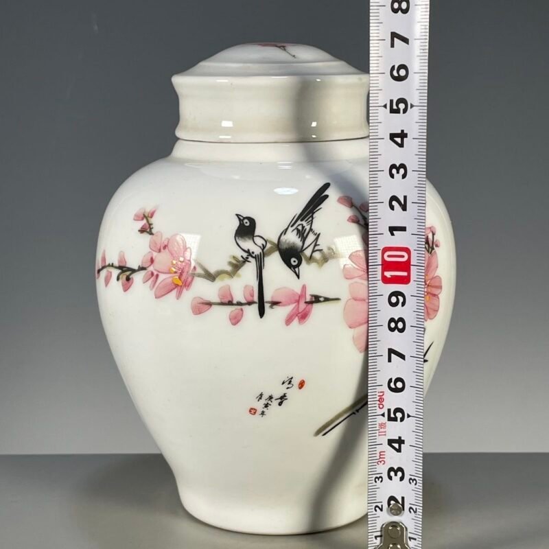 Pink Plum Blossom Magpie Ginger Jar, Chinese Chinoiserie Porcelain Canister with Lid, Floral Bird Decor Storage Jar (4)