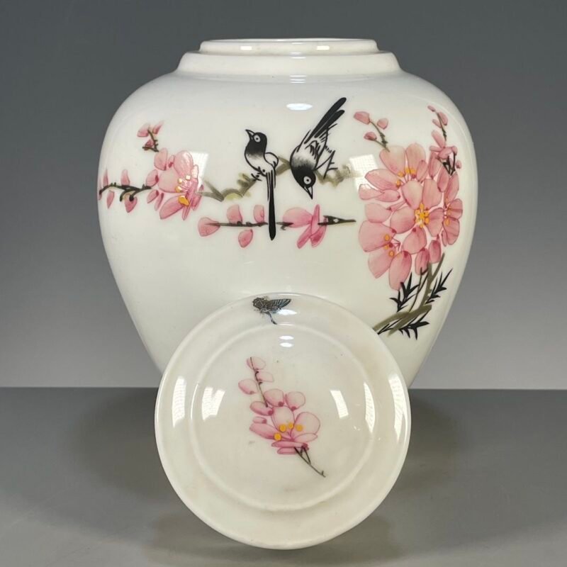 Pink Plum Blossom Magpie Ginger Jar, Chinese Chinoiserie Porcelain Canister with Lid, Floral Bird Decor Storage Jar (5)